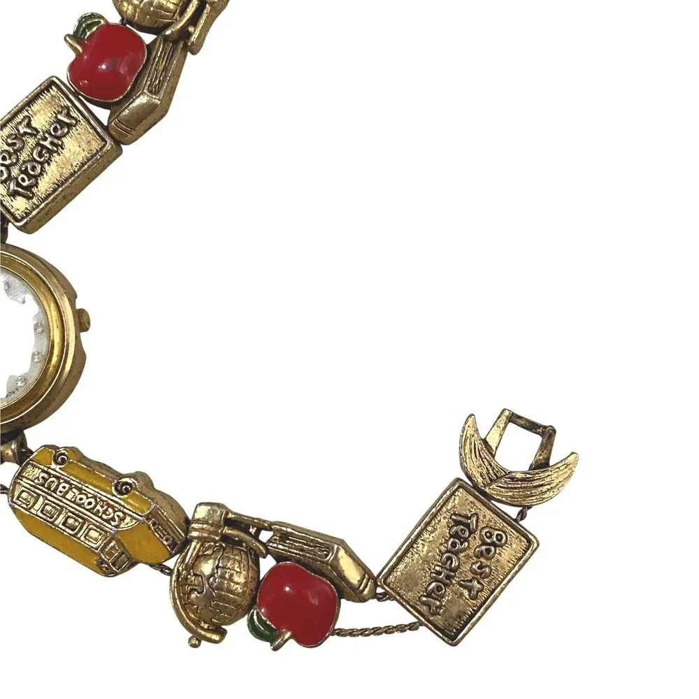 Vtg Y2K Jennie B Watch Women Gold Tone Enamel Charm Bracelet School Teacher 7.5